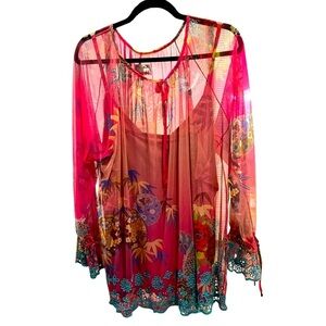 Johnny Was Pink and Green Sheer Blouse